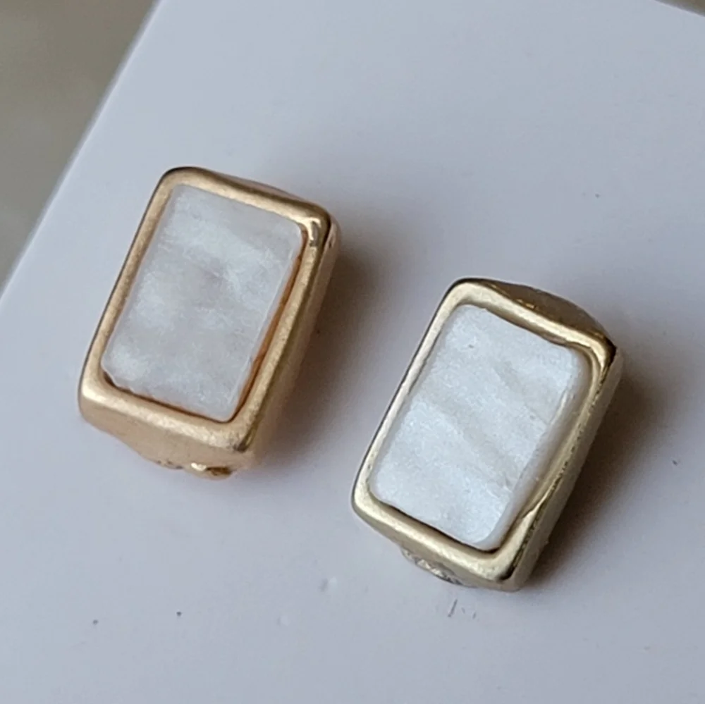 Pearlescent Gold Faux Mother of Pearl Rectangular Stud Earrings
